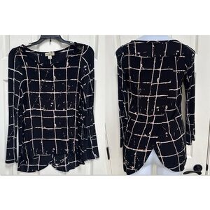 ONE WORLD Plaid Bleached Long Sleeve Tunic Top split back Studded HiLo Shirt S